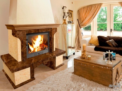 Портал для каміна Bravo Сафо Giallo Atlantide + Emperador Dark мармур бежевий/коричневий кутовий n5