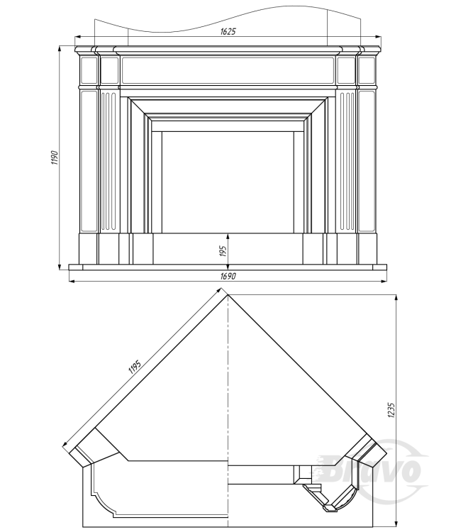 Портал для камина Bravo Севилья Botticino мрамор бежевый угловой