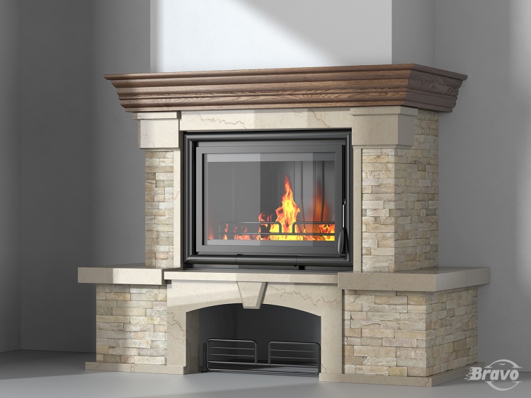 Портал для каміна Bravo Карпати Мармо Crema Marfil мармур + Болгарський сланець бежевий прямий n1