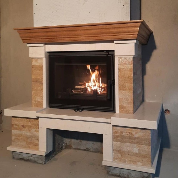 Портал для каміна Bravo Карпати Мармо Crema Marfil мармур + Болгарський сланець бежевий прямий n1