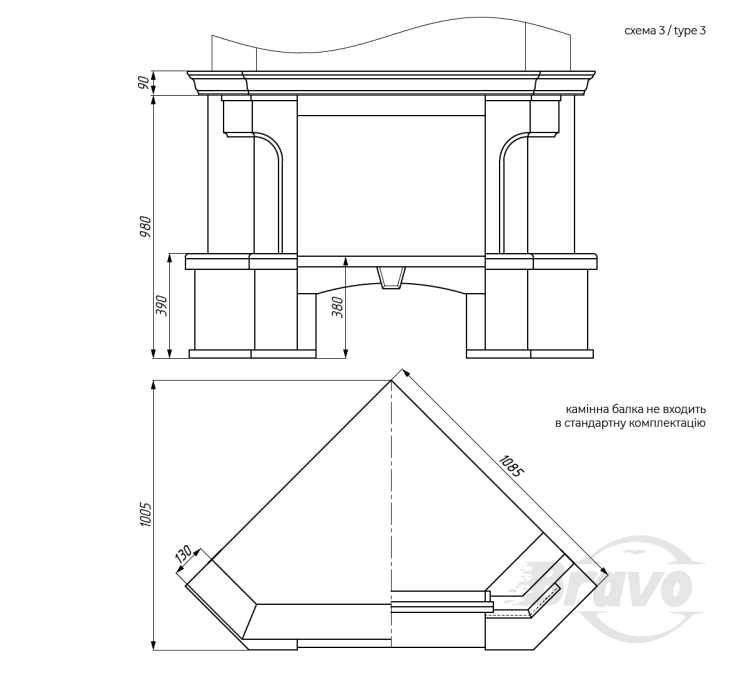 Портал для каміна Bravo Еко Botticino мармур + фарбована поверхня бежевий/білий кутовий n3