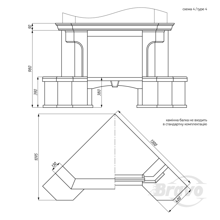 Портал для каміна Bravo Еко Botticino мармур + фарбована поверхня бежевий/білий кутовий n4