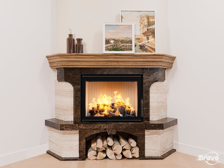 Портал для камина Bravo Порто Giallo Atlantide + Emperador Dark мрамор бежевый/коричневый угловой n3