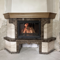 Портал для камина Bravo Порто Giallo Atlantide + Emperador Dark мрамор бежевый/коричневый угловой n3