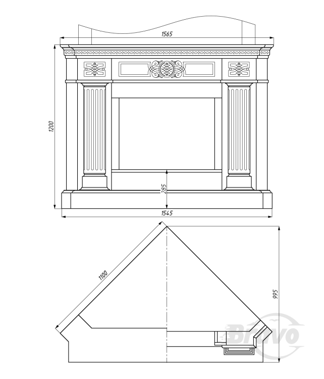 Портал для каміна Bravo Александрія Volakas мармур білий кутовий