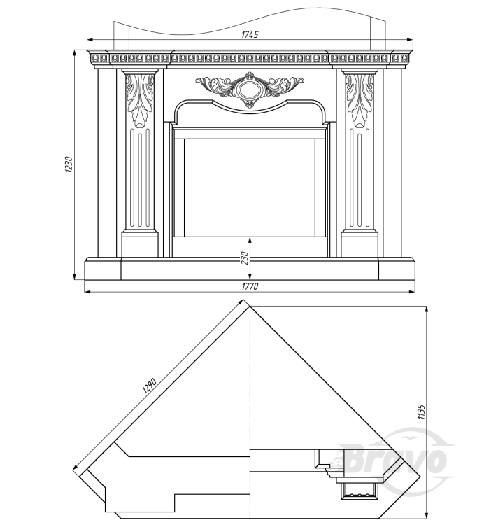 Портал для каміна Bravo Барселона Crema Marfil + Emperador Dark мармур бежевий/коричневий кутовий