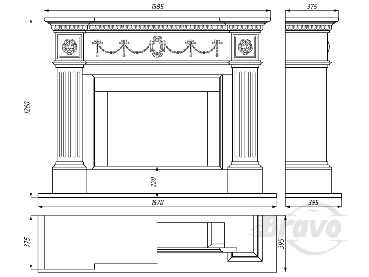 Портал для каміна Bravo Амстердам Polaris мармур білий прямий