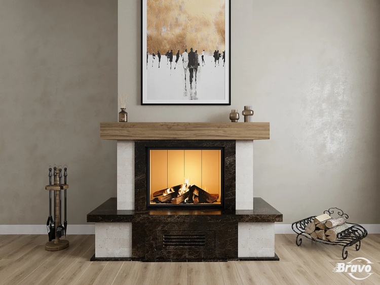 Портал для камина Bravo Верона Rosso Asiago мрамор + плитка Travertine красный/бежевый угловой n3