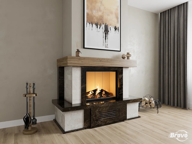 Портал для каміна Bravo Верона Rosso Asiago мармур + плитка Travertine червоний/бежевий кутовий n5