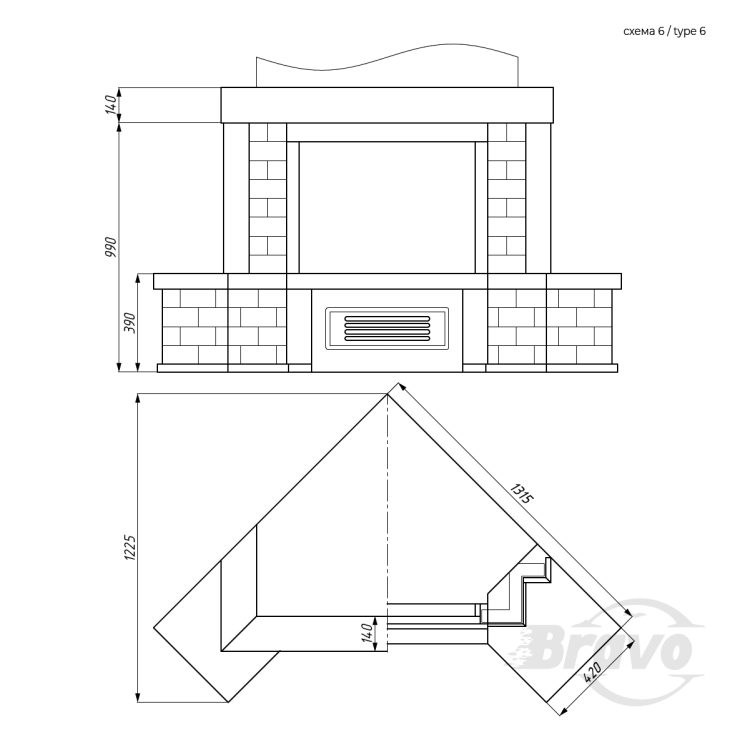 Портал для каміна Bravo Верона Rosso Asiago мармур + плитка Travertine червоний/бежевий кутовий n6