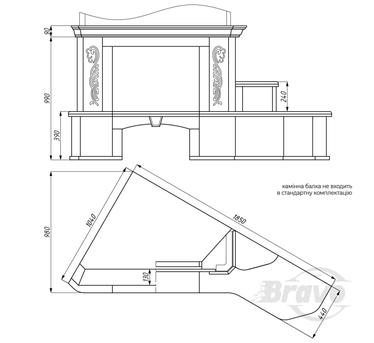 Портал для камина Bravo Парма Браун Bidasar Brown + Giallo Atlantide мрамор бежевый/коричневый угловой